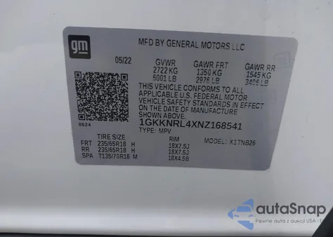 2022 GMC Acadia Awd Sle z USA, uszkodzony, nr VIN 1GKKNRL4XNZ168541